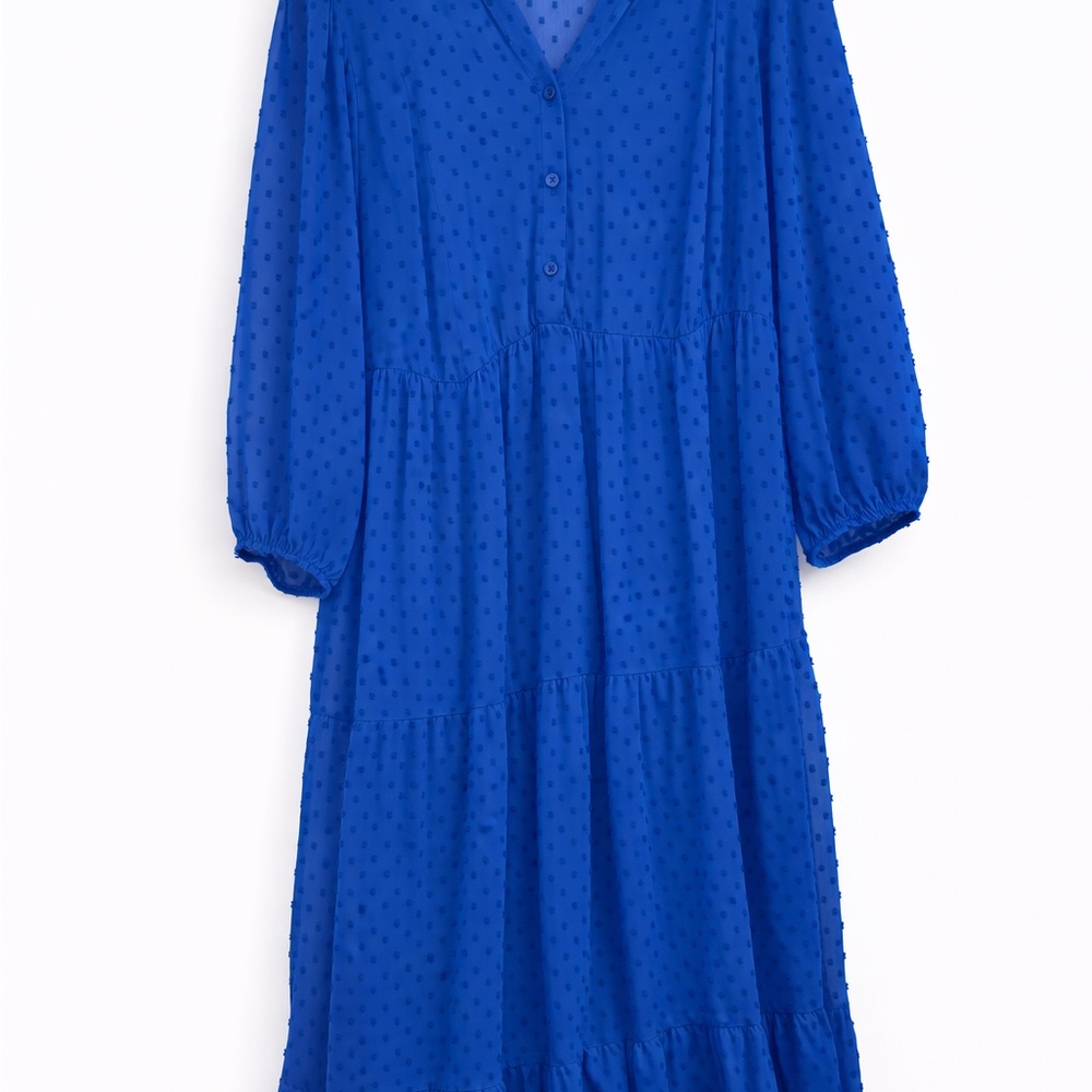 Blue Long Sleeve Tiered Midi Dress
